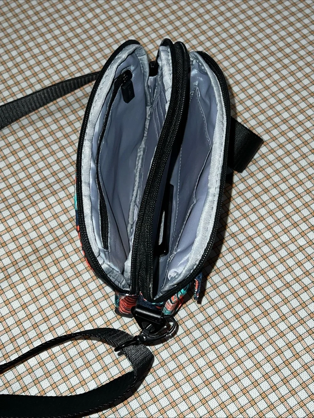 HKWP Navy Crossbody Bag with Coral & Teal Tropical Print